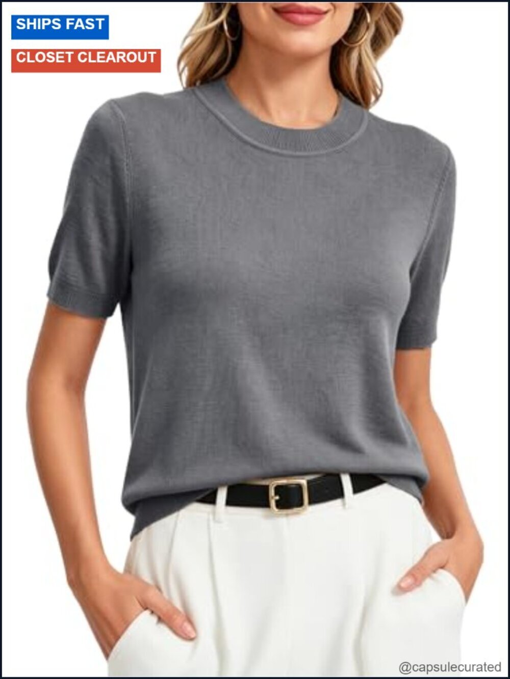 Lightweight Merino Wool Blend Short Sleeve Sweater Crewneck Knit Pullover